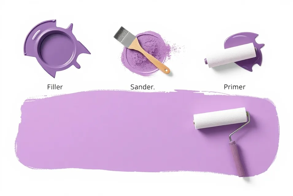 Outils de peinture disposés dans l'ordre des étapes du chantier