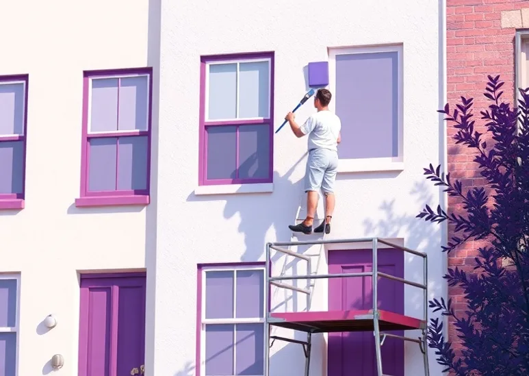 Peintre sur échafaudage traitant la façade d'une maison